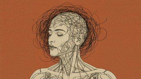 Stylized negative energy anatomical figure with interwoven lines on rust background