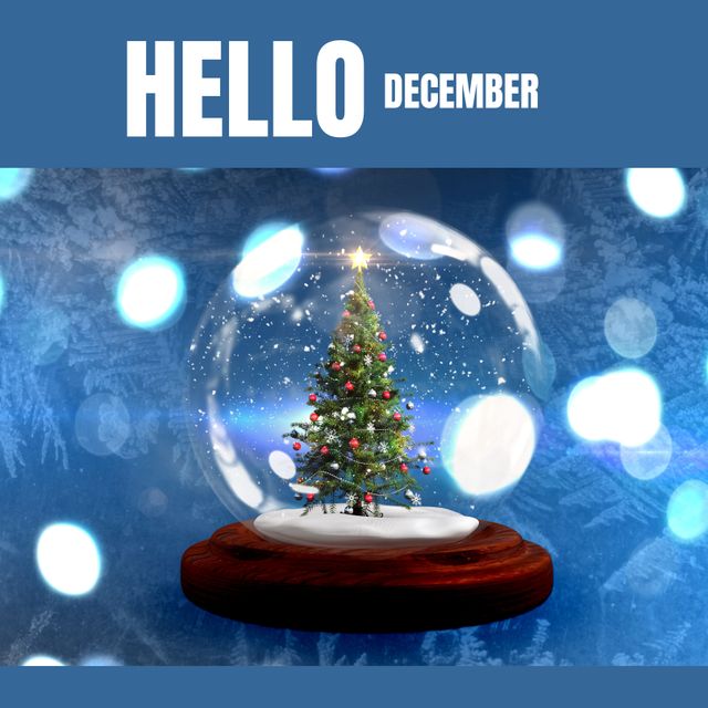Composition of hello december text over christmas tree. Winter and celebration concept digitally generated image.