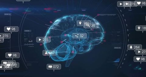 Holographic brain visualization displaying notification bubbles, neural nodes and hud