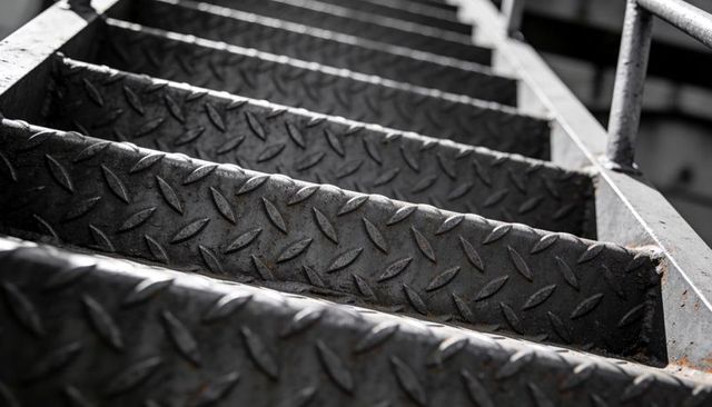 Rusty diamond plate stair treads showing worn industrial texture and diagonal pattern