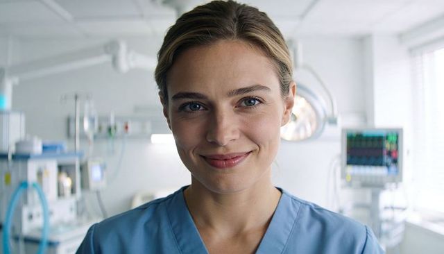 Smiling nurse standing in light blue scrubs facing camera in modern surgical unit