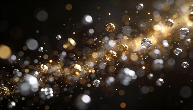 Streaming gold and silver particles creating luminous bokeh trail and metallic shimmer