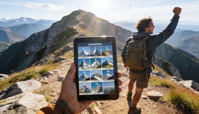 Hiker holding tablet showing mountain routes while companion celebrating summit on ridge