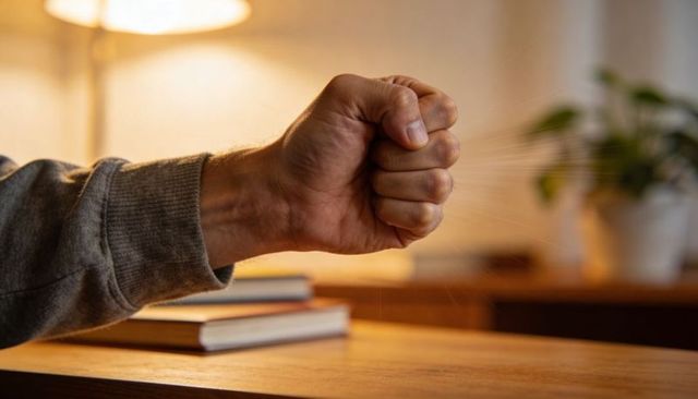 Right hand clenching fist over wooden desk with books and warm lamp light, cozy interior