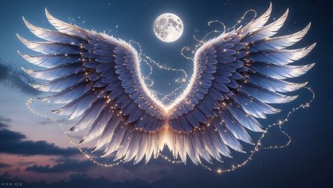 Celestial angel wings glowing in moonlit sky