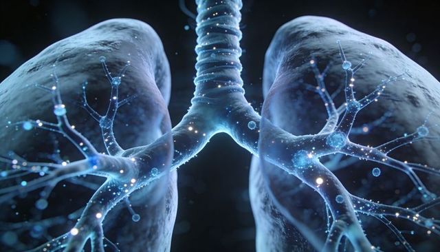 Glowing 3D lungs showing trachea and branching bronchi with particle flow visualization
