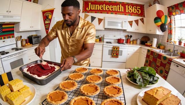 Spreading red filling while preparing juneteenth mini pumpkin tarts in festive kitchen