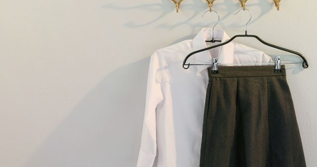 A white shirt and a dark skirt hang on a hanger against a neutral wall, with copy space - Download Free Stock Photos Pikwizard.com