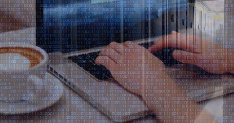 Hands Typing with Binary Code Overlay at Cafe - Download Free Stock Images Pikwizard.com