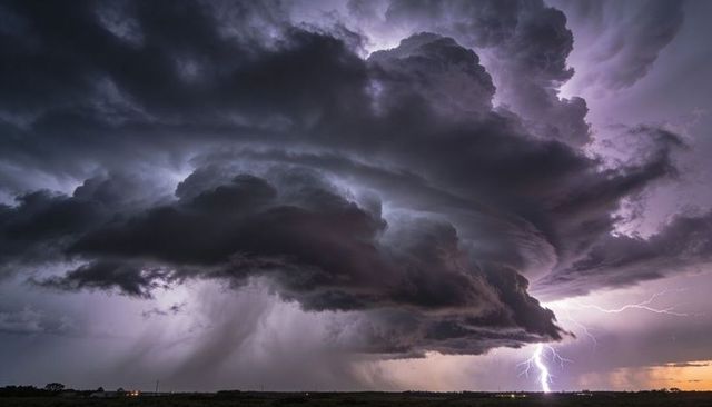 Towering electrified supercell unleashing forked lightning over open prairie at dusk