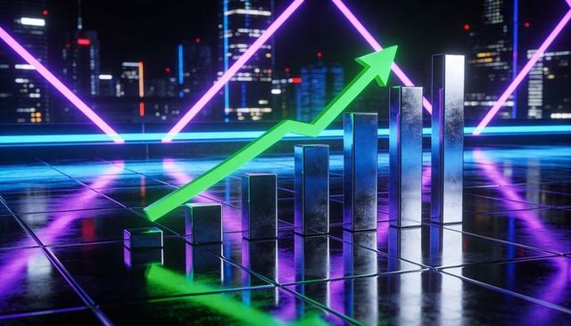 Neon growth graph showing upward trend with metallic bars on futuristic rooftop skyline