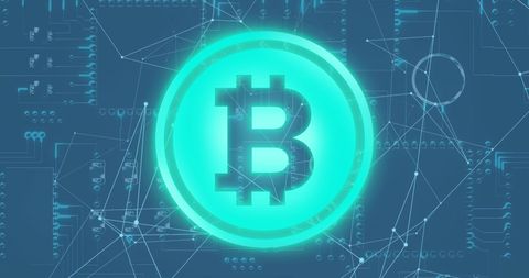 Glowing bitcoin symbol with circuit board elements in background