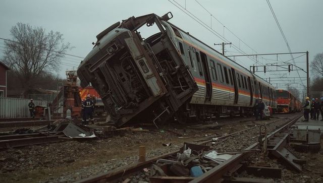 Derailed passenger train with rescue team in rail yard