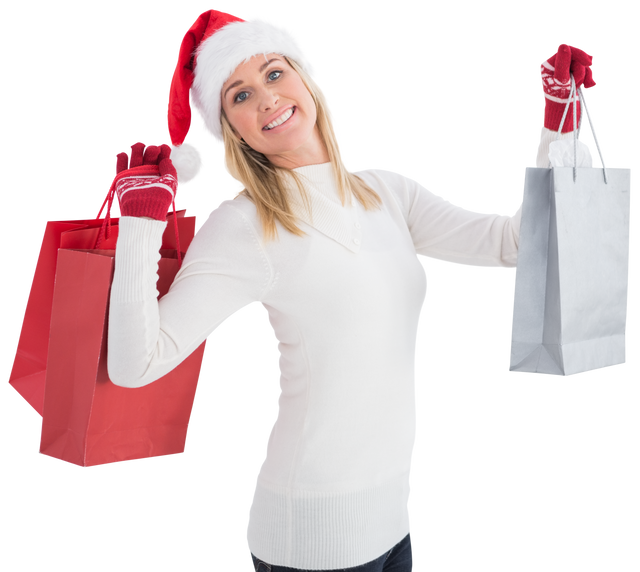 Excited Woman Holding Christmas Shopping Bags Wearing Santa Hat Transparent - Download Free Stock Videos Pikwizard.com