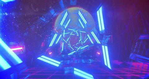 Futuristic Neon Tunnel with Blue and Pink Geometric Patterns