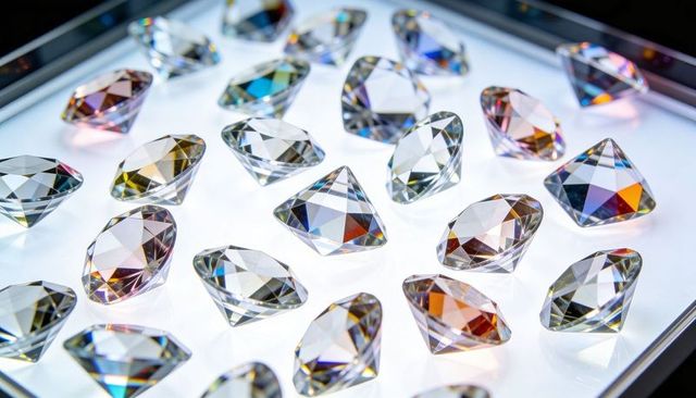 Glistening faceted crystal gems resting on backlit tray revealing rainbow color dispersion