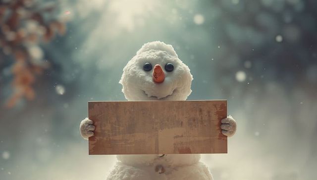 Cheerful snowman holding blank signboard in snowy forest