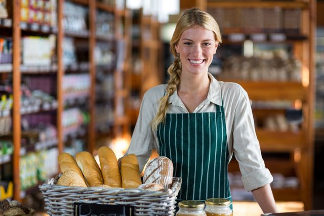 Portrait of happy female staff standing at bread counter in supermarket
