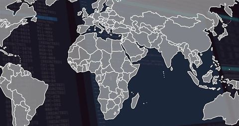 Outlined World Map Over Computer Code for Cybersecurity Interface