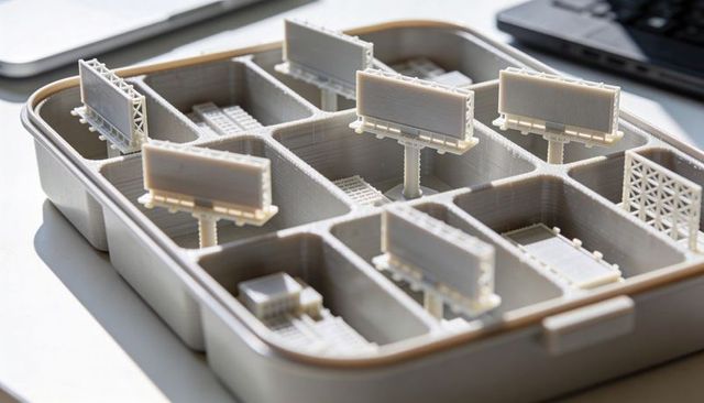 Displaying 3d-printed miniature billboards in compartment tray for desktop prototyping