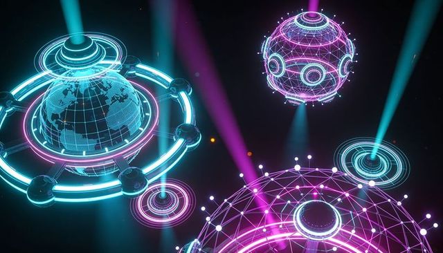 Neon holographic global network with ringed platforms and futuristic mesh spheres
