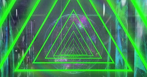 Futuristic neon green frame tunnel with wireframe globe