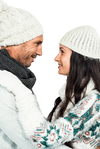 Smiling Couple in Winter Attire on Transparent Background