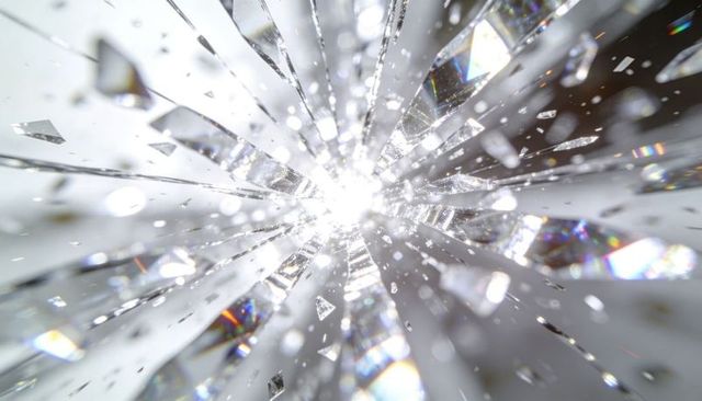 Shattering glass radiating prism light and rainbow bokeh with radial cracks