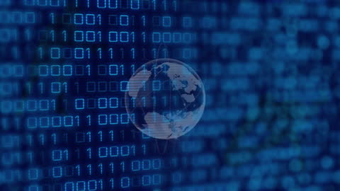 Digital Data Binary Code and Globe in Blue Matrix Animation