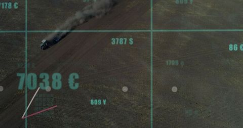 Plowing tractor leaving dust plume while crossing farm furrows with mapping grid overlay