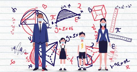 Family in Masks Surrounded by Math Equations Embracing Education - Download Free Stock Images Pikwizard.com