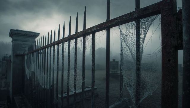 Eerie misty cemetery fence with spider webs and gravestones