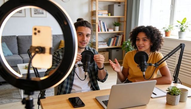 Home podcast studio hosts recording together with ring light and condenser microphones
