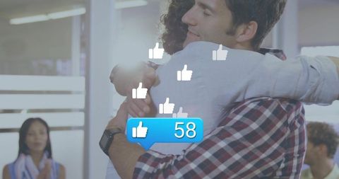 Colleagues hugging after team success with floating like notifications showing 58 likes