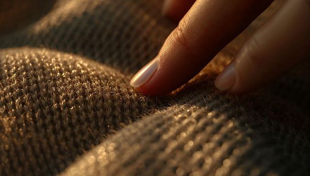 Pressing fingertip exploring soft wool knit texture in warm golden light macro