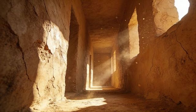 Sunlit adobe corridor with floating dust and arched openings evoking desert architecture