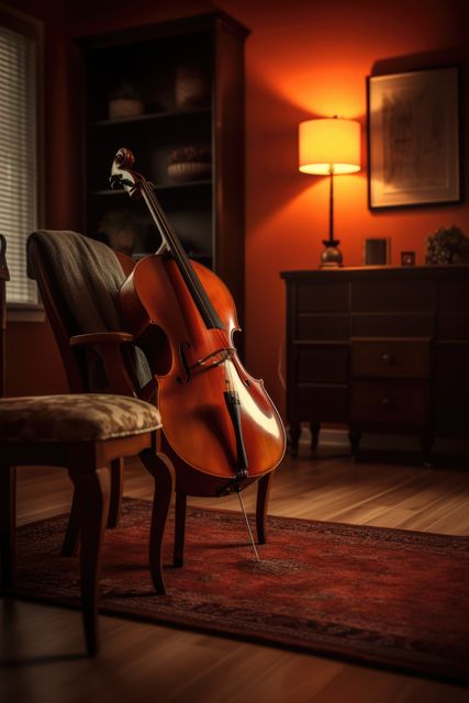 Beautifully composed scene of a cello resting on a chair in a warmly lit room. Perfect for themes involving music, classic interiors, relaxation, and evening ambiance. Ideal for use in posters, music-related websites, and home decor blogs.