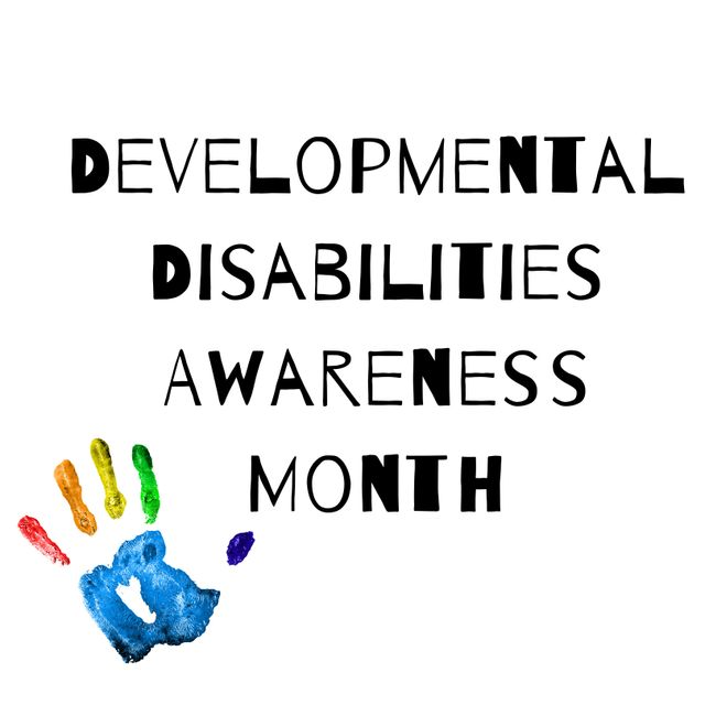 Illustration features bold text and colorful handprints promoting Developmental Disabilities Awareness Month. Useful for campaigns, educational materials, and social media to support diversity, inclusion, and advocacy.