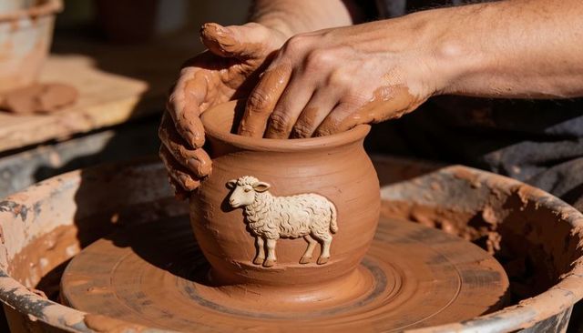 Artisan shaping terracotta pot on wheel with sheep relief, hands smoothing clay