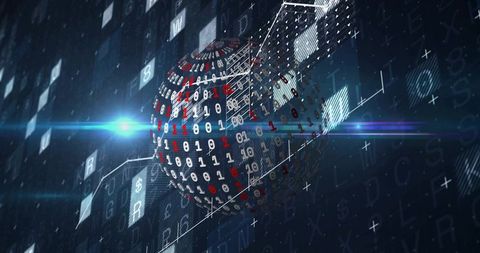 Rotating binary sphere intersecting wireframe cube on futuristic digital data grid