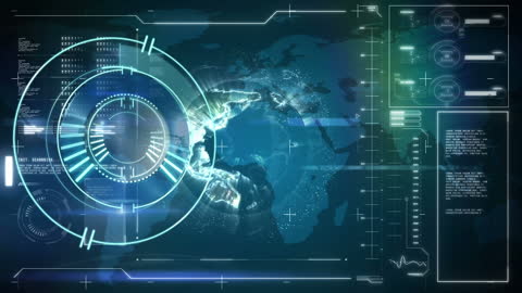 Futuristic Digital Interface with World Map and Data Tech Elements