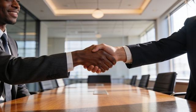 Boardroom handshake sealing corporate partnership across modern conference table