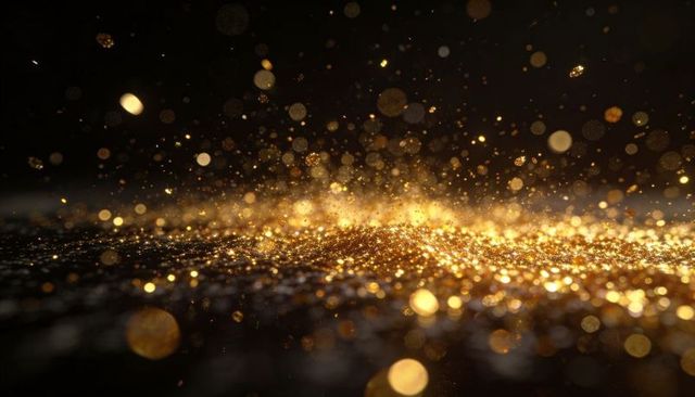Golden Glitter Bokeh Trail Creating Luminous Ribbon of Light on Dark Background