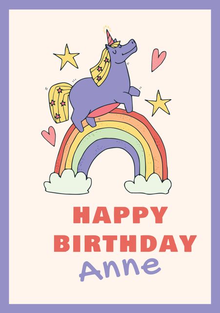 Cute, colorful birthday card featuring a unicorn on a rainbow with stars and hearts. Perfect for children’s birthday celebrations, fantasy-themed party invitations or greeting cards. Can be personalized by adding the recipient's name.