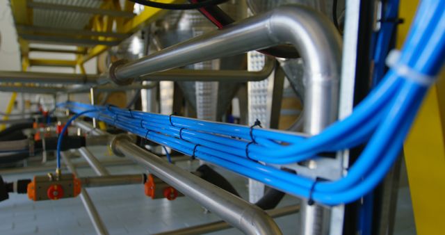 Image shows blue wires secured to metal pipes in a factory setting. Ideal for illustrating industrial, manufacturing, and engineering themes. Could be used for articles, websites, or reports on factory automation, industry technology, and production processes.