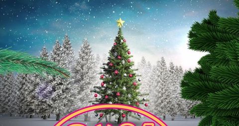 Christmas Tree in Snowy Forest With Festive Red Baubles