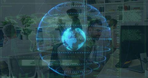Team Collaborating on Holographic Globe with Real-Time Data Rings for Tech Briefing