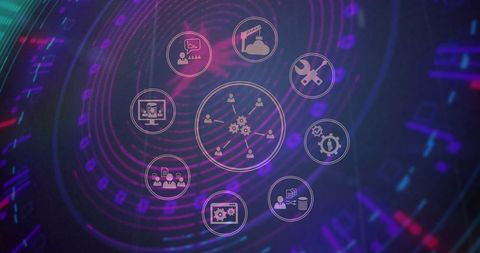 Digital Interface Abstract with Connected Icons and Neon Tunnel - Download Free Stock Images Pikwizard.com