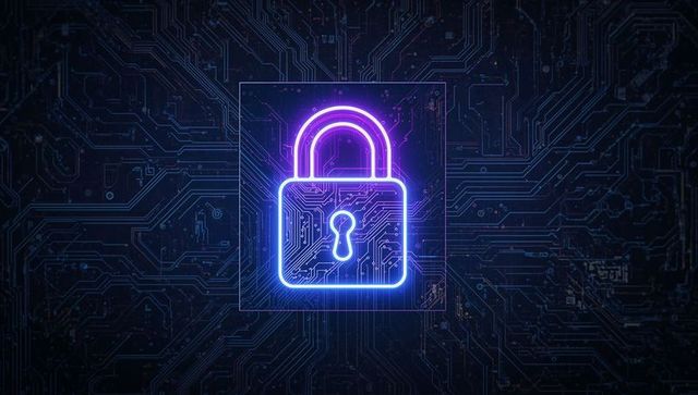 Neon Padlock Illuminating Futuristic Digital Circuit Board