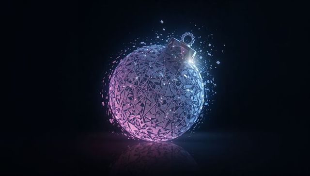 Luminescent tessellated orb releasing glowing shards and floating cubes in dark studio